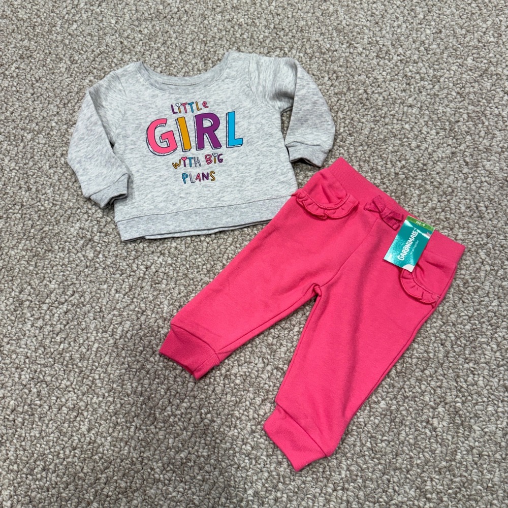 Garanimals Baby Girls Gray Crewneck & Pink Ruffled Pants‎ Set Size 6-9 Months
